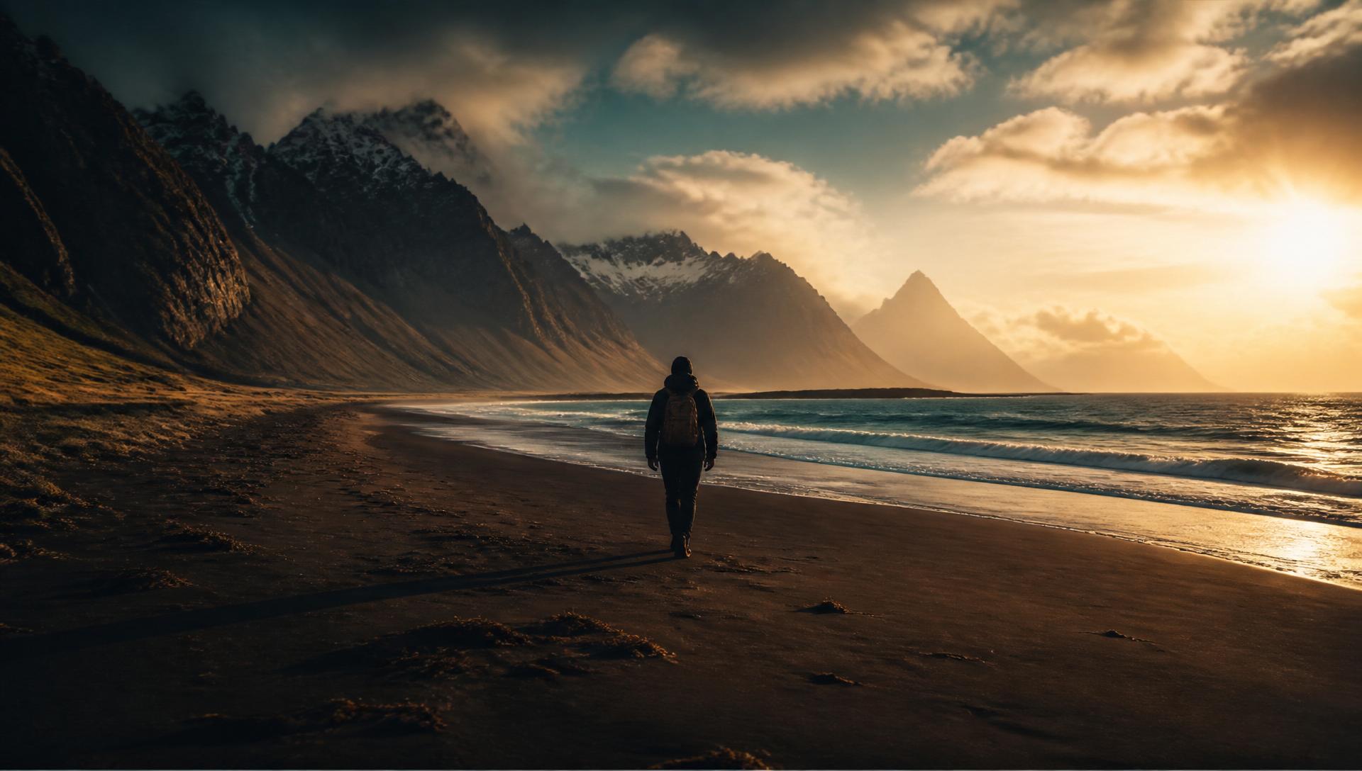Traveler walking on a cinematic beach at golden hour with mountains in the distance